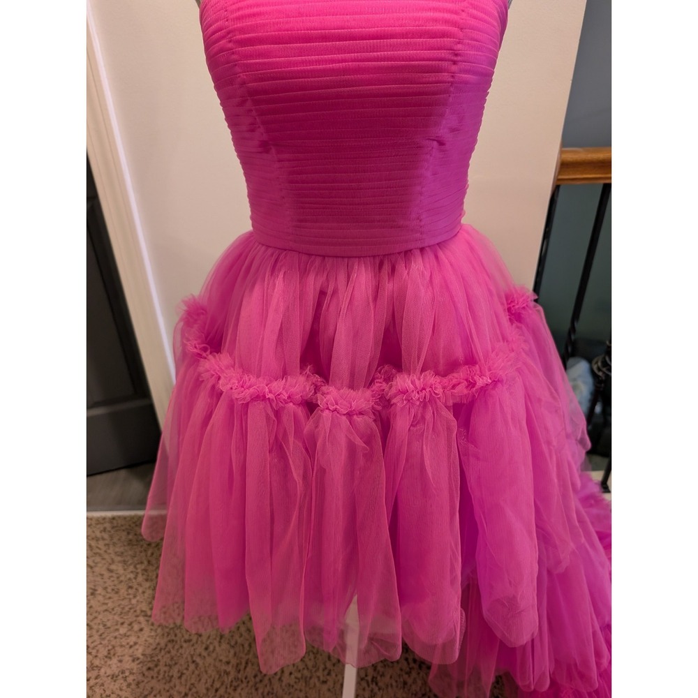NEW Hot Pink Strapless Hi-Low Tulle Tiered Corset Back Prom Dress Size 0 - Picture 7 of 10